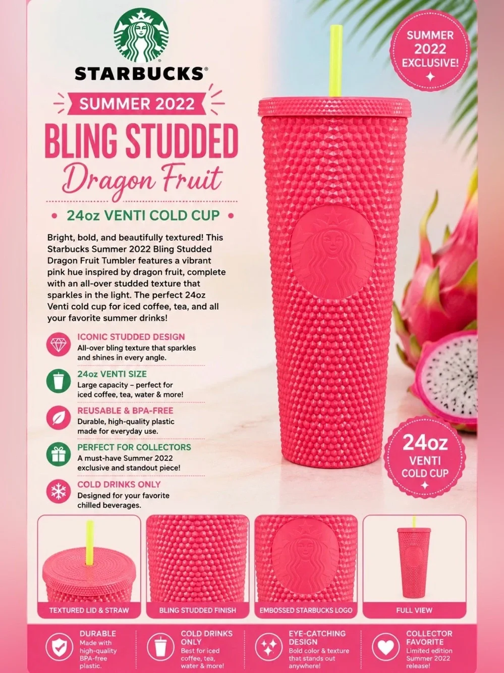 💖 Starbucks Summer 2022 Bling Studded Dragon Fruit Tumbler Venti 24oz Cold Cup